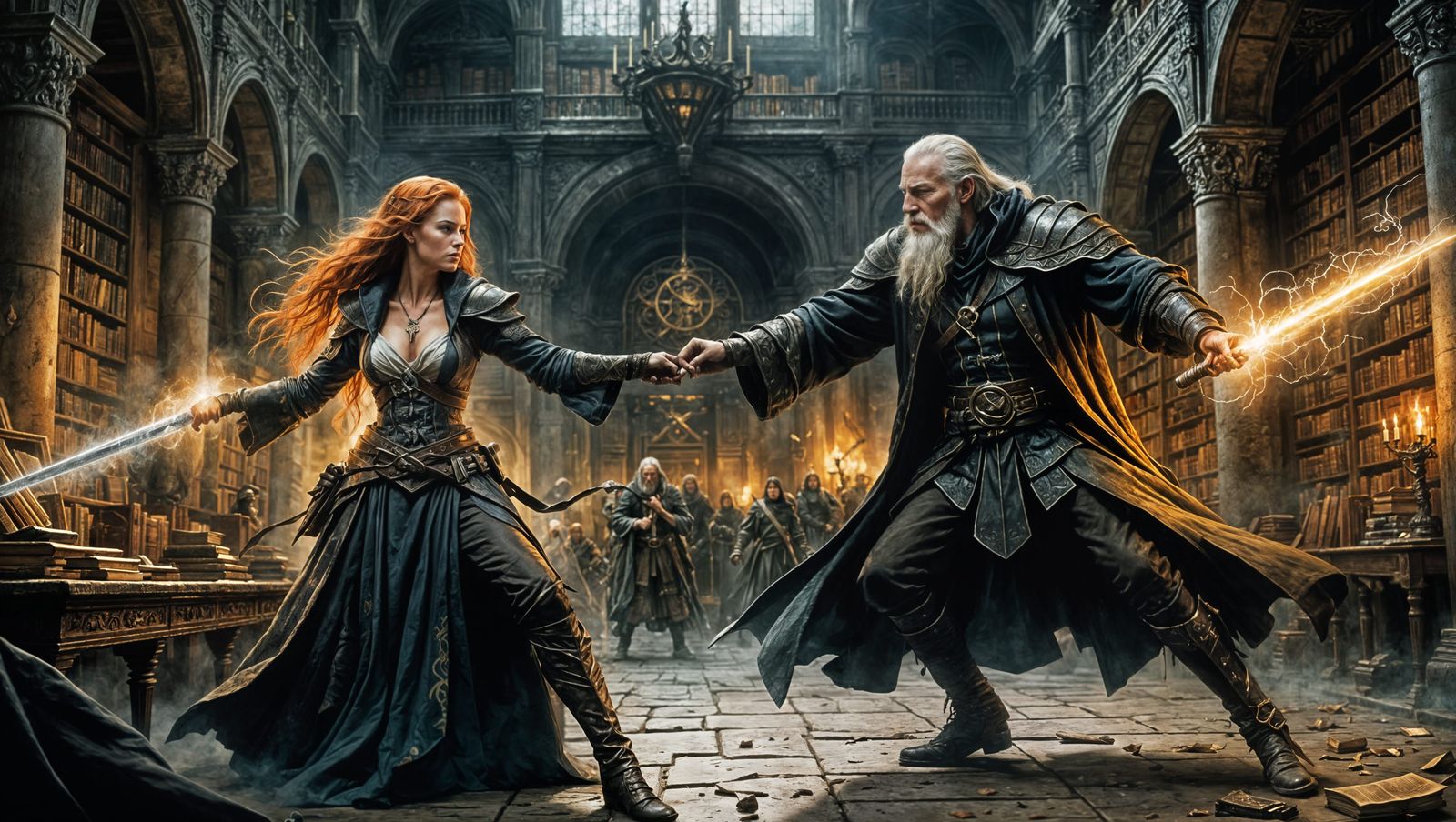 Epic Battle in Library: Dark Fantasy Comic Art