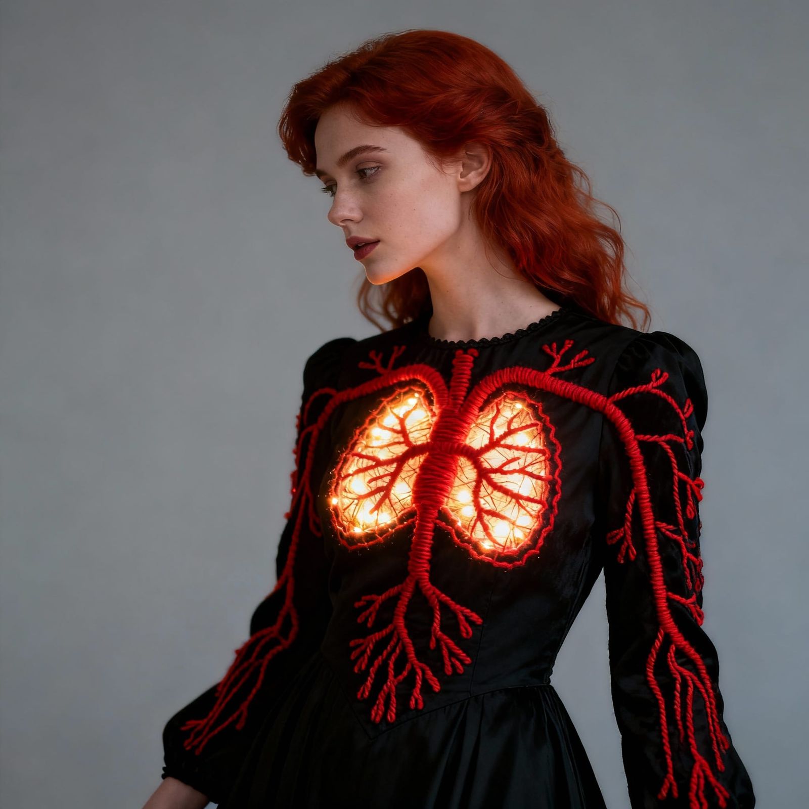 Woman in Black Dress with Embroidered Circulatory System