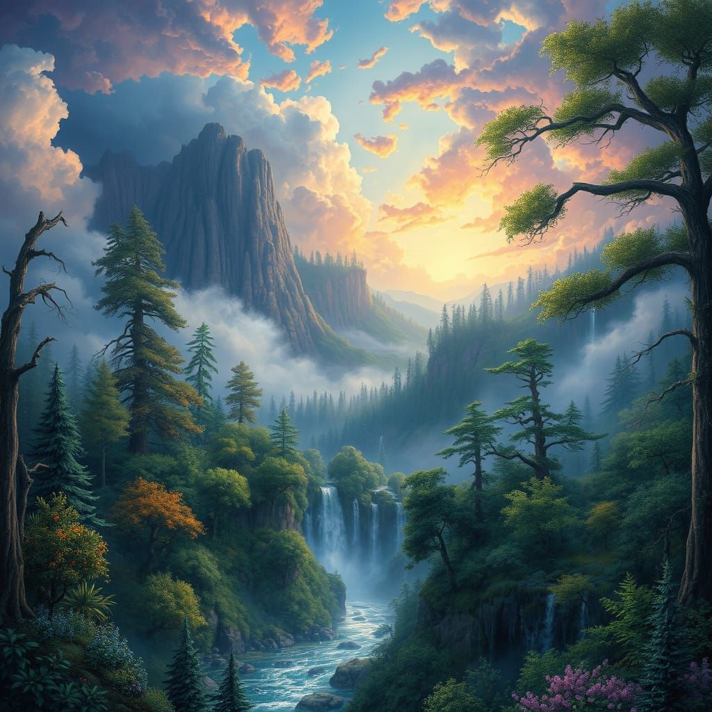 Dreamlike Fantasy Realm with Ancient Forests and Vibrant Col...
