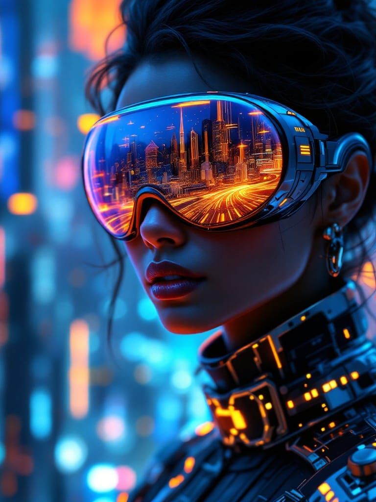South Asian Woman in Futuristic Goggles Reflects Cyberpunk C...