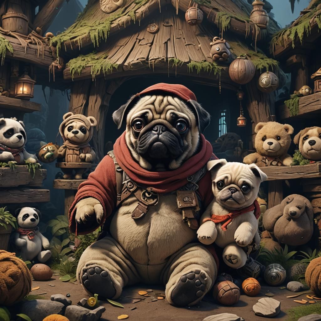 Jabba the Pug Hugs Bear: Detailed Fantasy Art