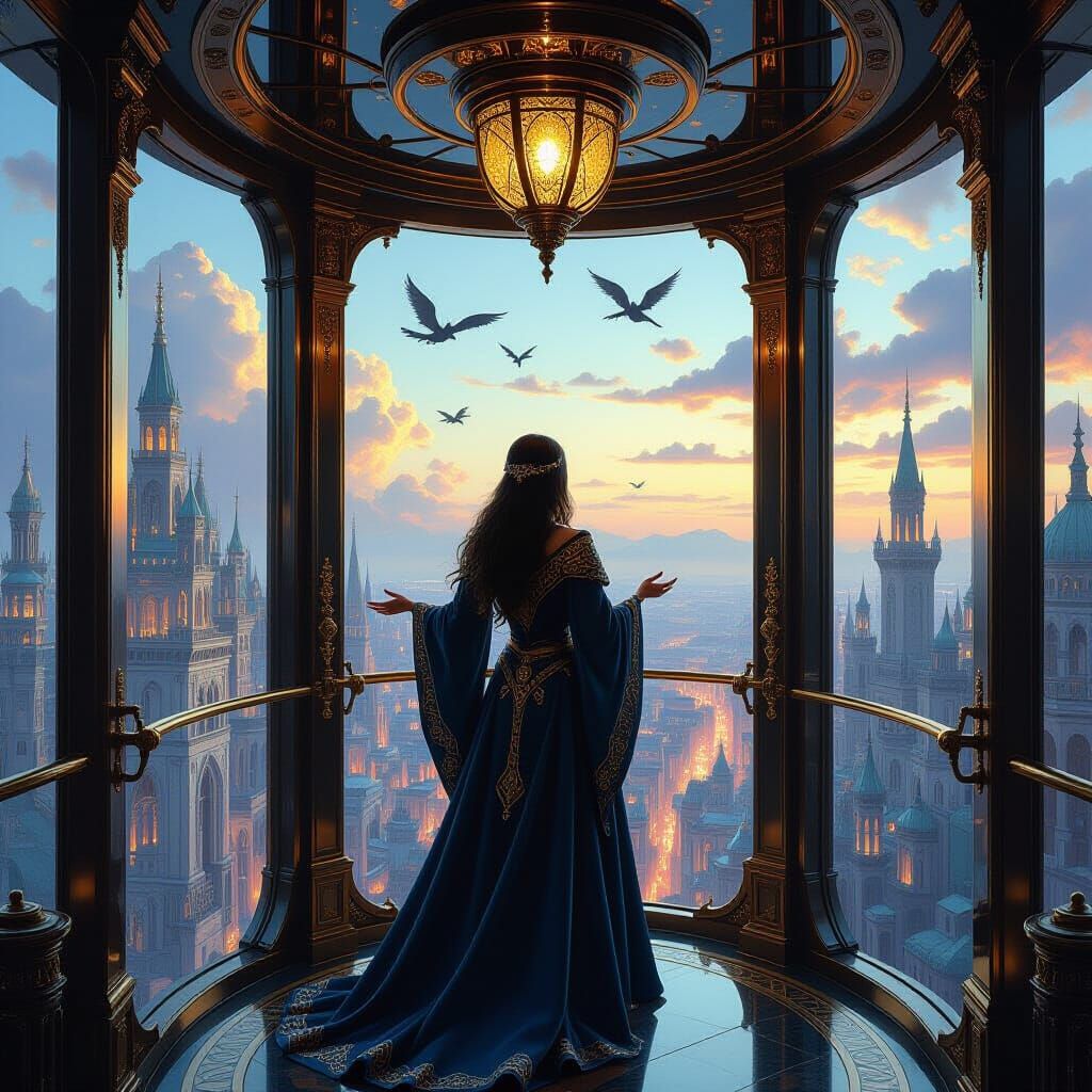 Wizard in Glass Elevator Overlooking Fantasy City