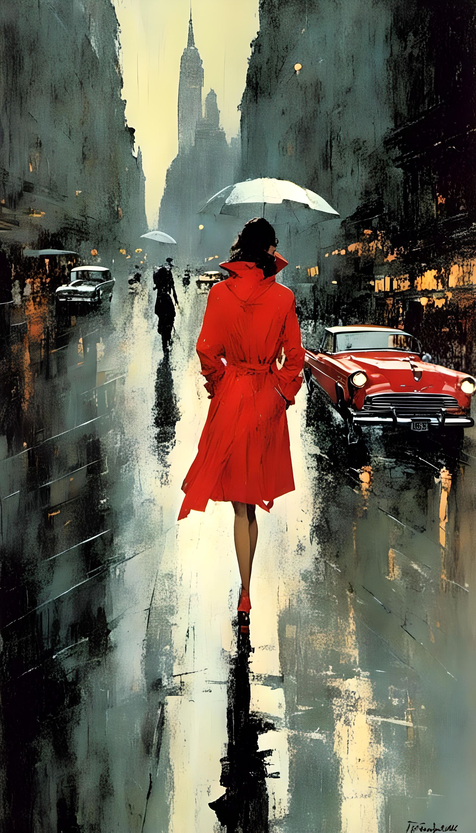 Woman in Red Raincoat: Impressionist Cityscape
