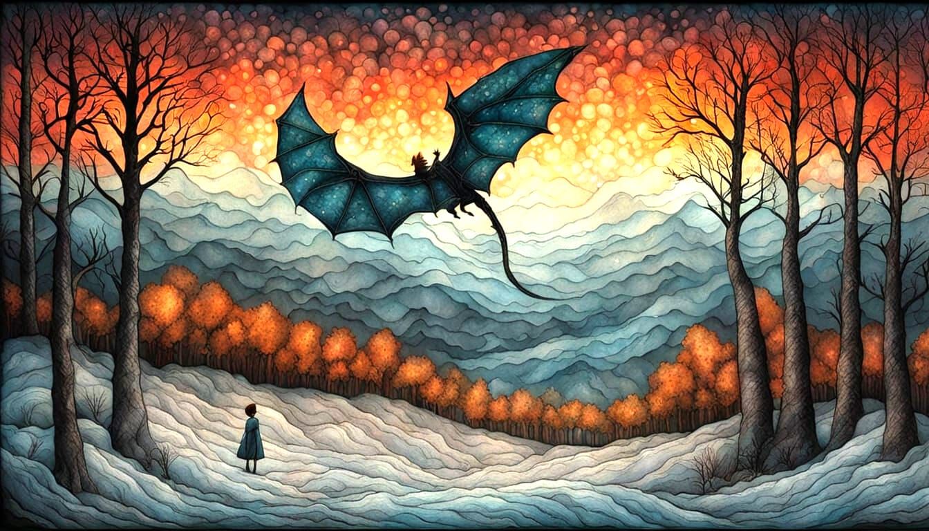 Embroidered Dragon Soaring Through Winter Landscape