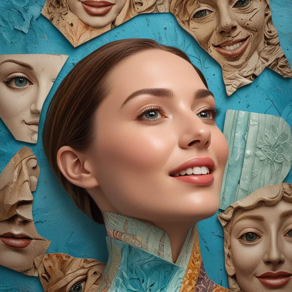 Mixed-Media Ceramic Collage of a Smiling Woman