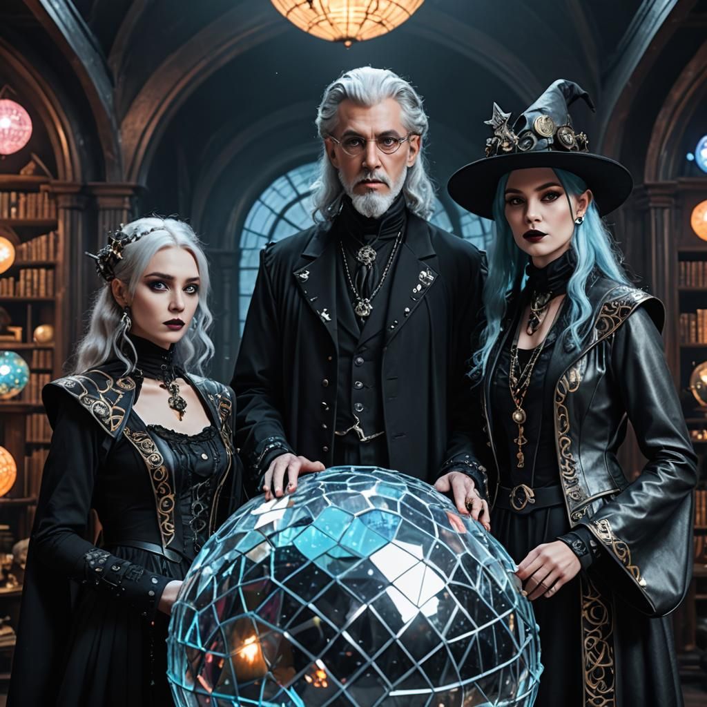 Sorcerers in Cyberpunk Cityscape with Rococo Fashion