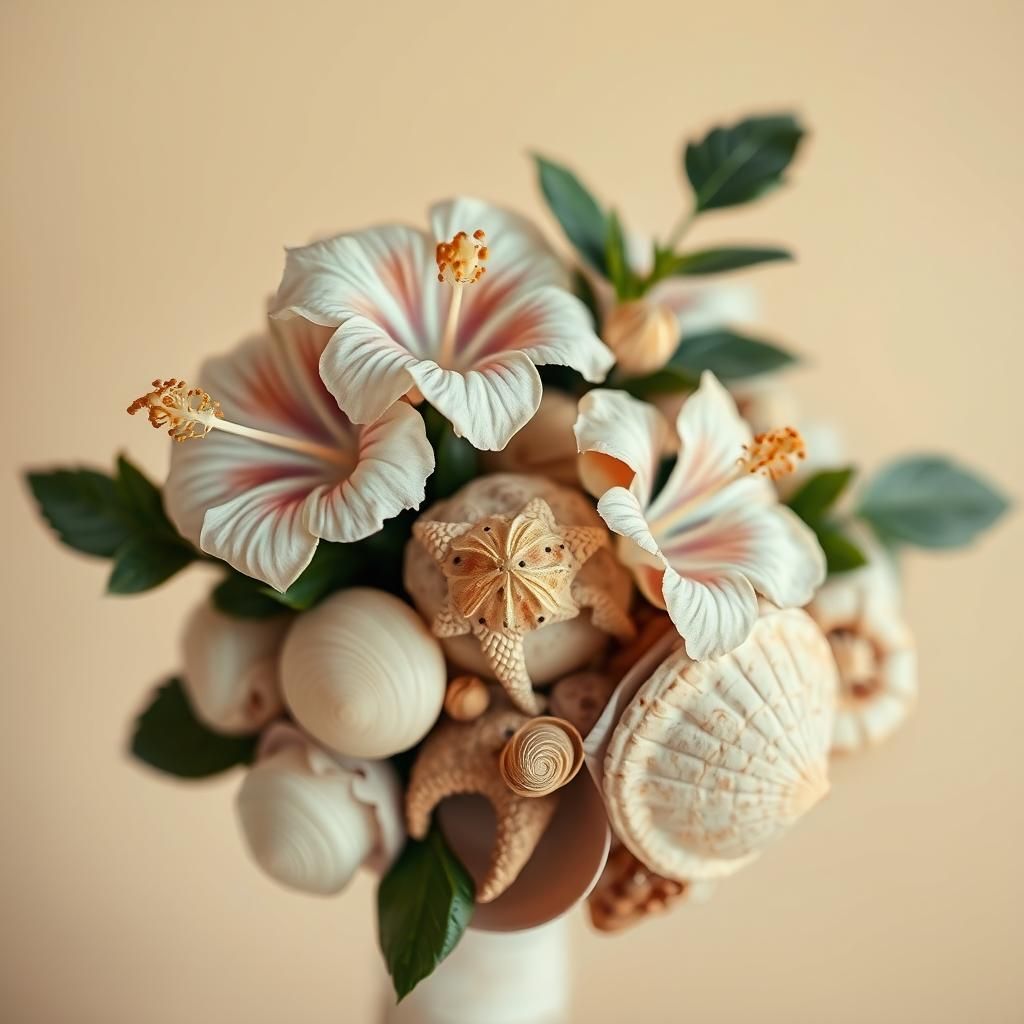 Seashells and Hibiscus Bouquet in Impressionist Style