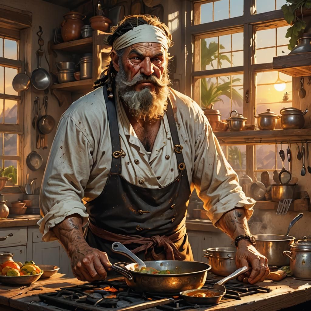 Pirate Cook Concept Art in Kitchen with Sunset Light