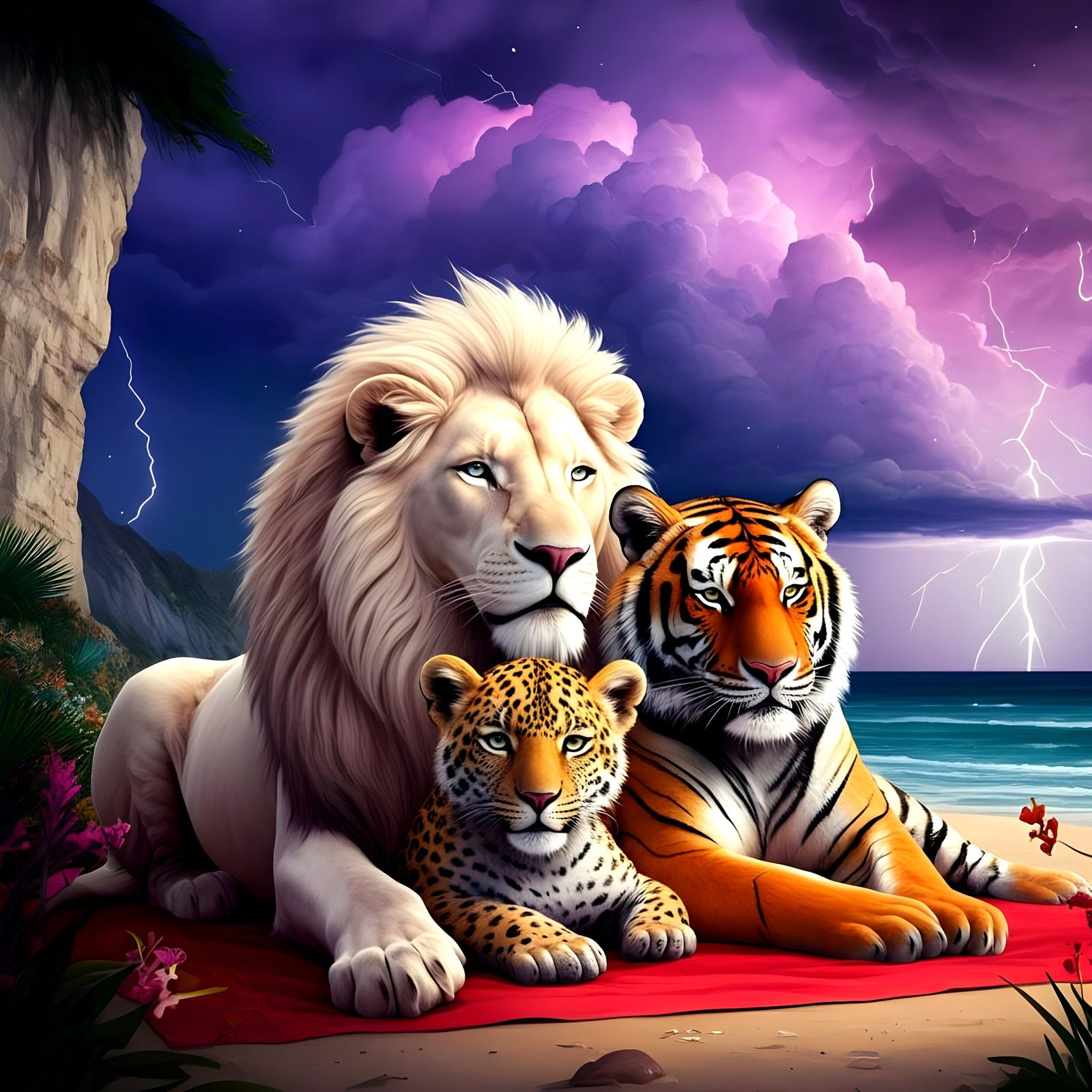 Wild Friends Unite in Vibrant Tropical Storm Scene