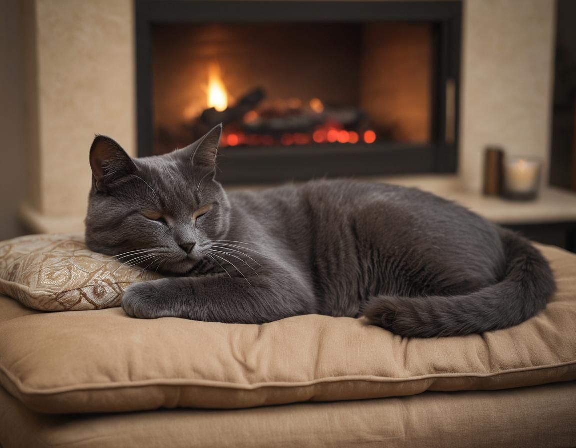 Sleeping Grey Cat in Cozy Living Room