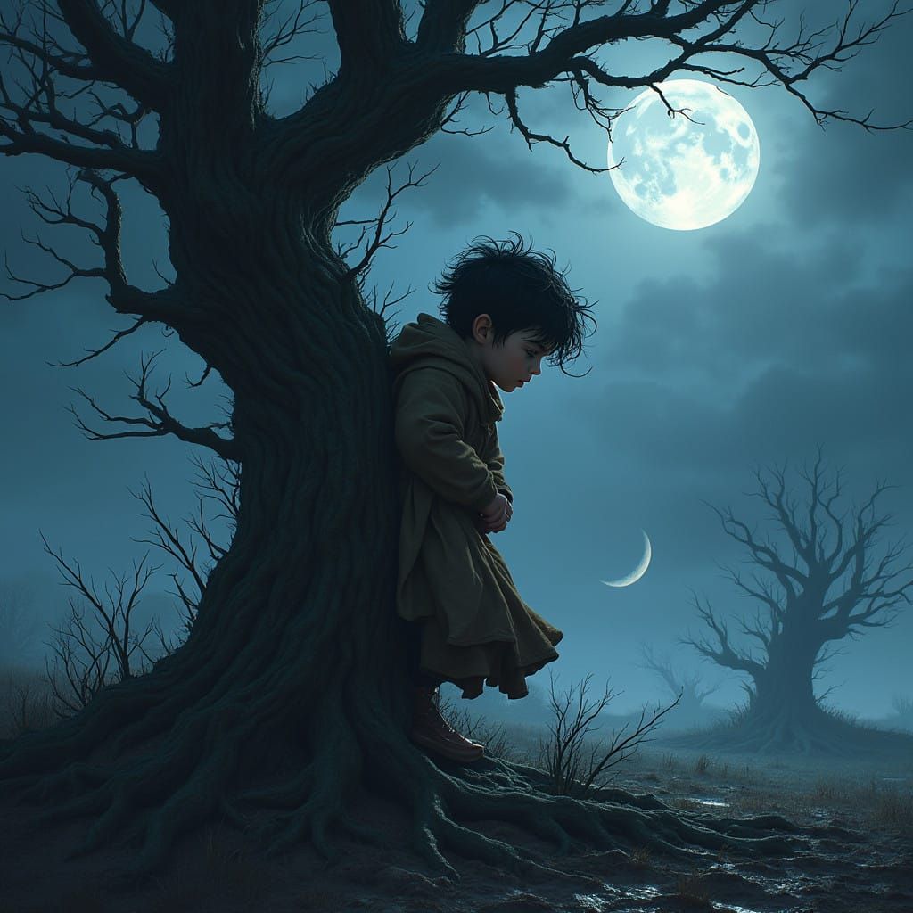 Young Boy Cowers in Terror Under Full Moon's Silver Light