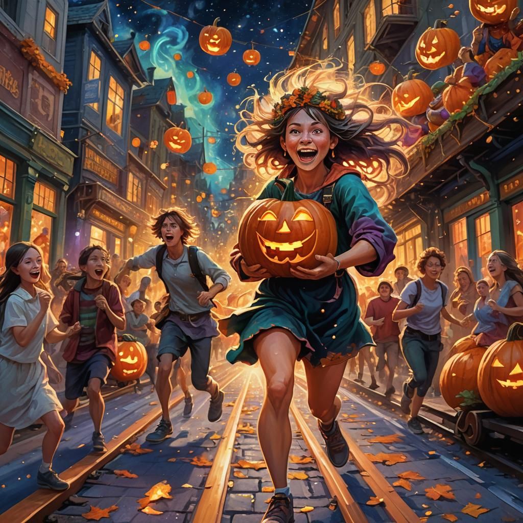 Magical Realism Chase Scene with Pumpkin Train