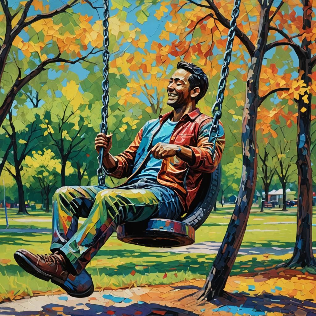 Happy Carved Figure Swinging, Impasto Painting