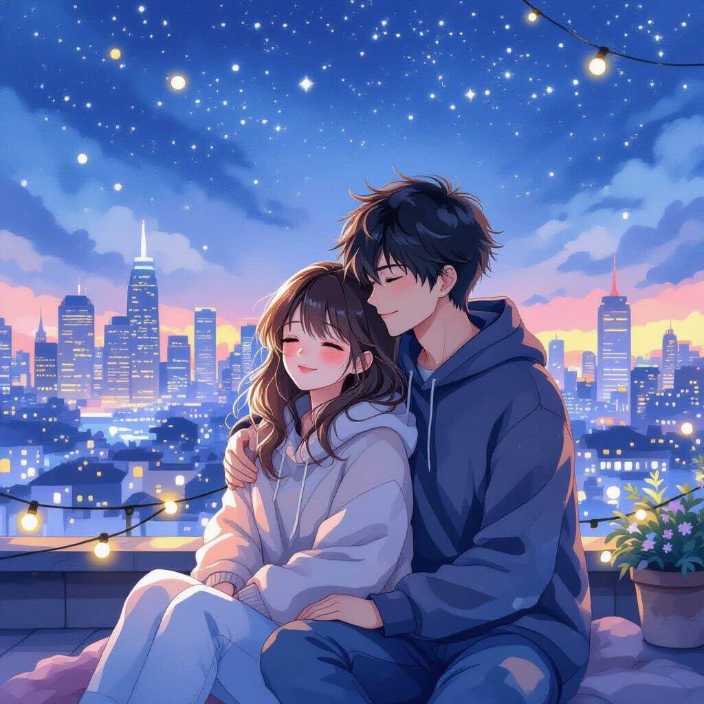 Rooftop Stargazing in Romantic Realism Style