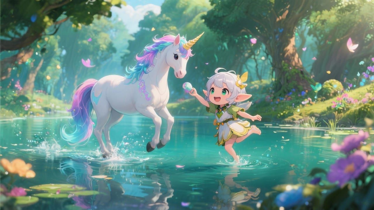 Elf and Unicorn by Enchanted Lake in 3D Anime Style