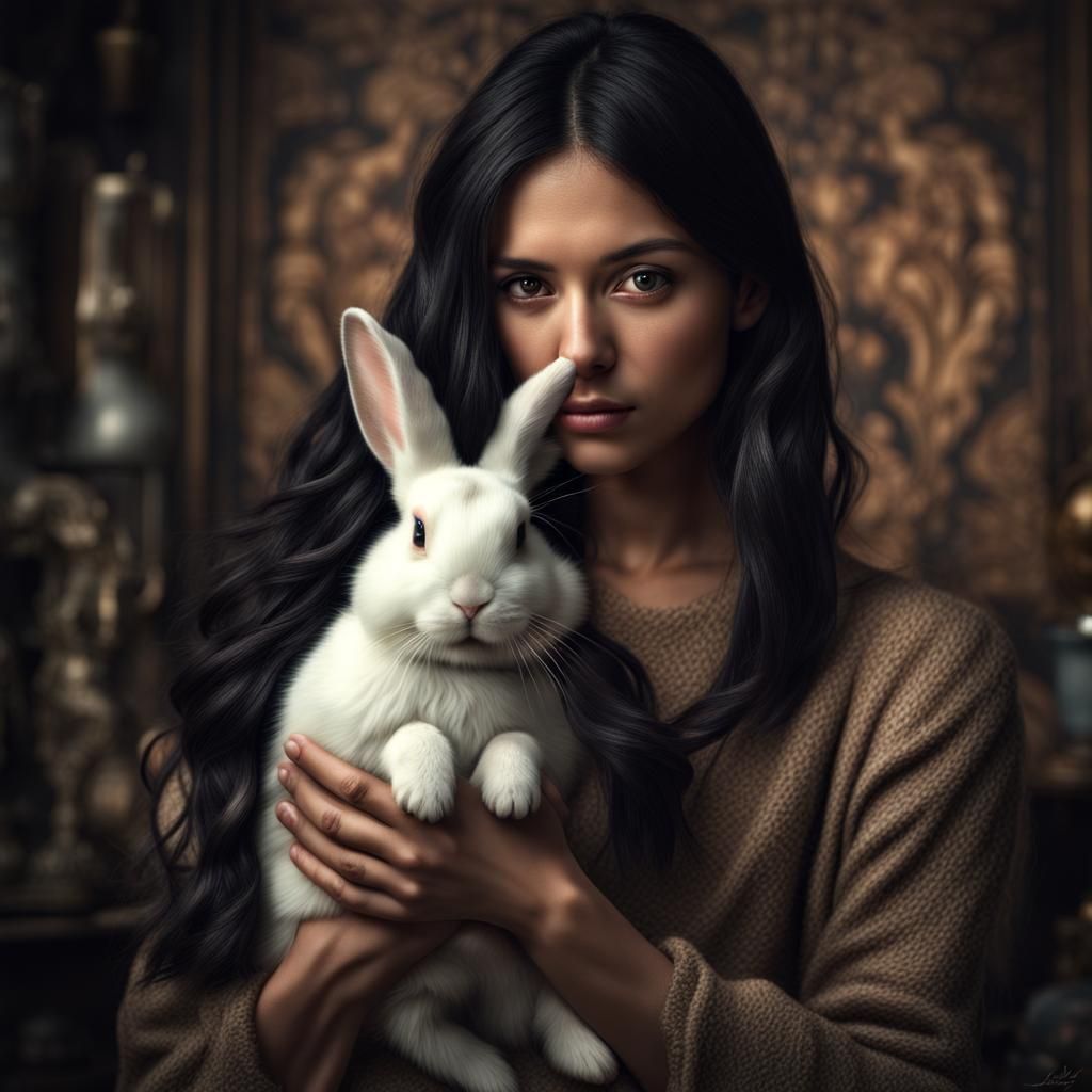 Woman and Bunny: Hyperrealistic Portrait in High Definition