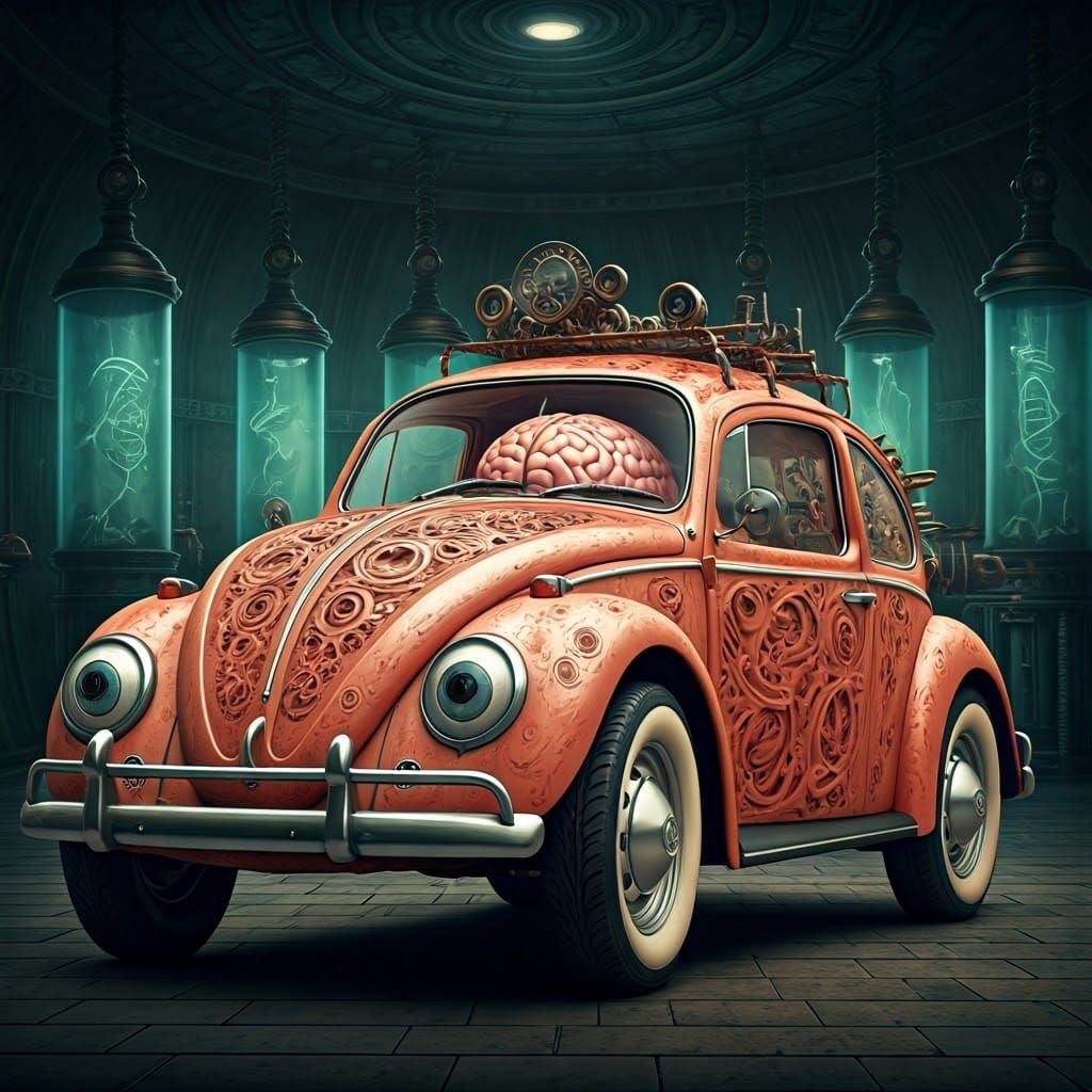 Steampunk VW Beetle in a Frankensteinian Laboratory