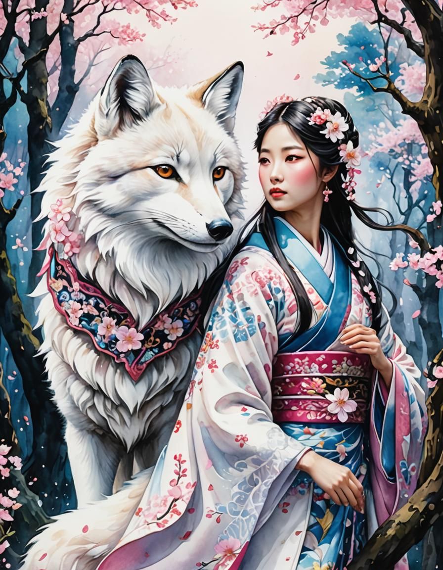 Japanese Maiden and Fox Spirit in Cherry Blossom Forest