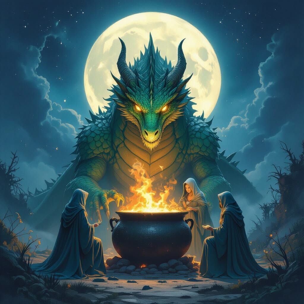Dragon Guards Witches by Cauldron Under Full Moon