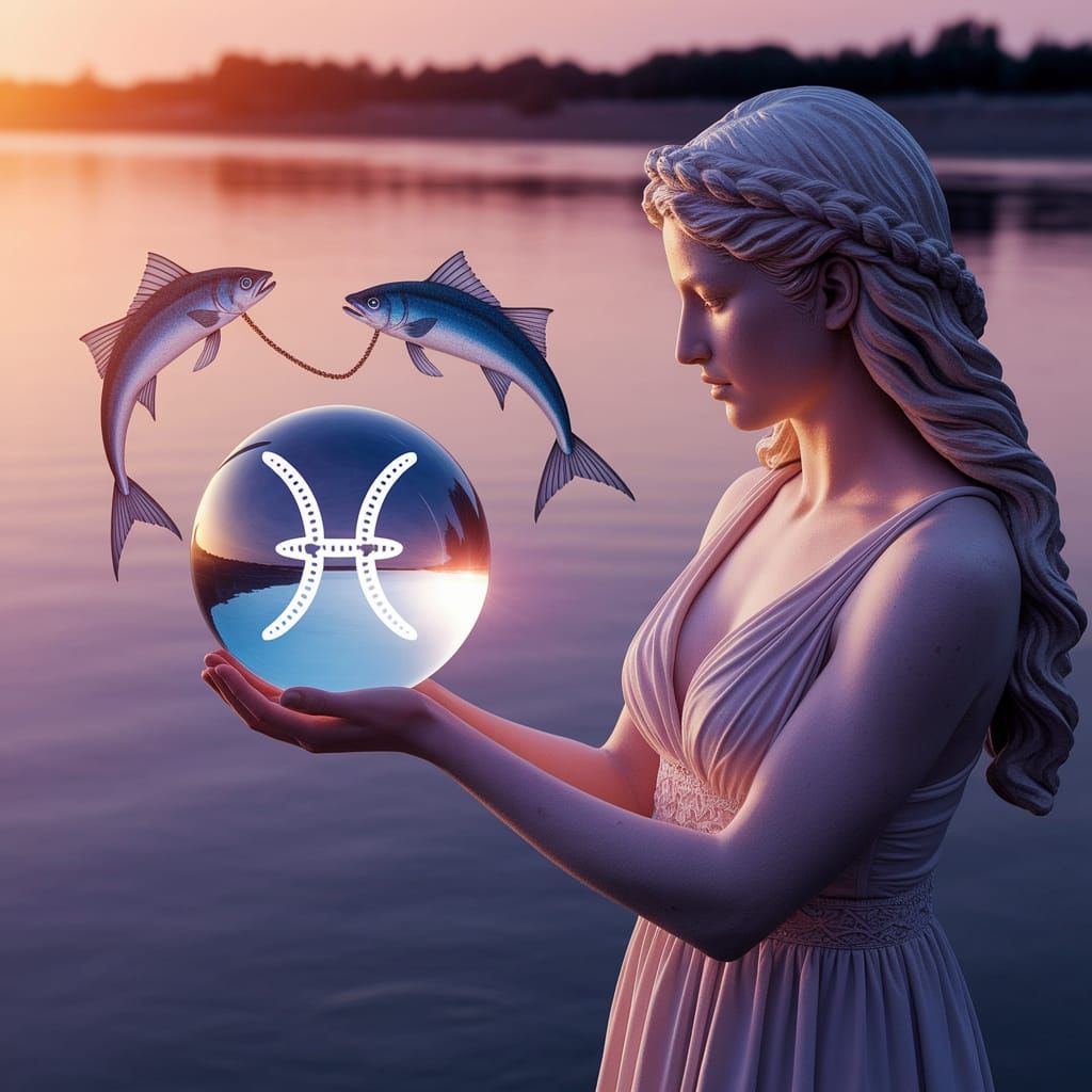 Goddess of Pisces Cradles Crystal Ball with Glowing Symbol
