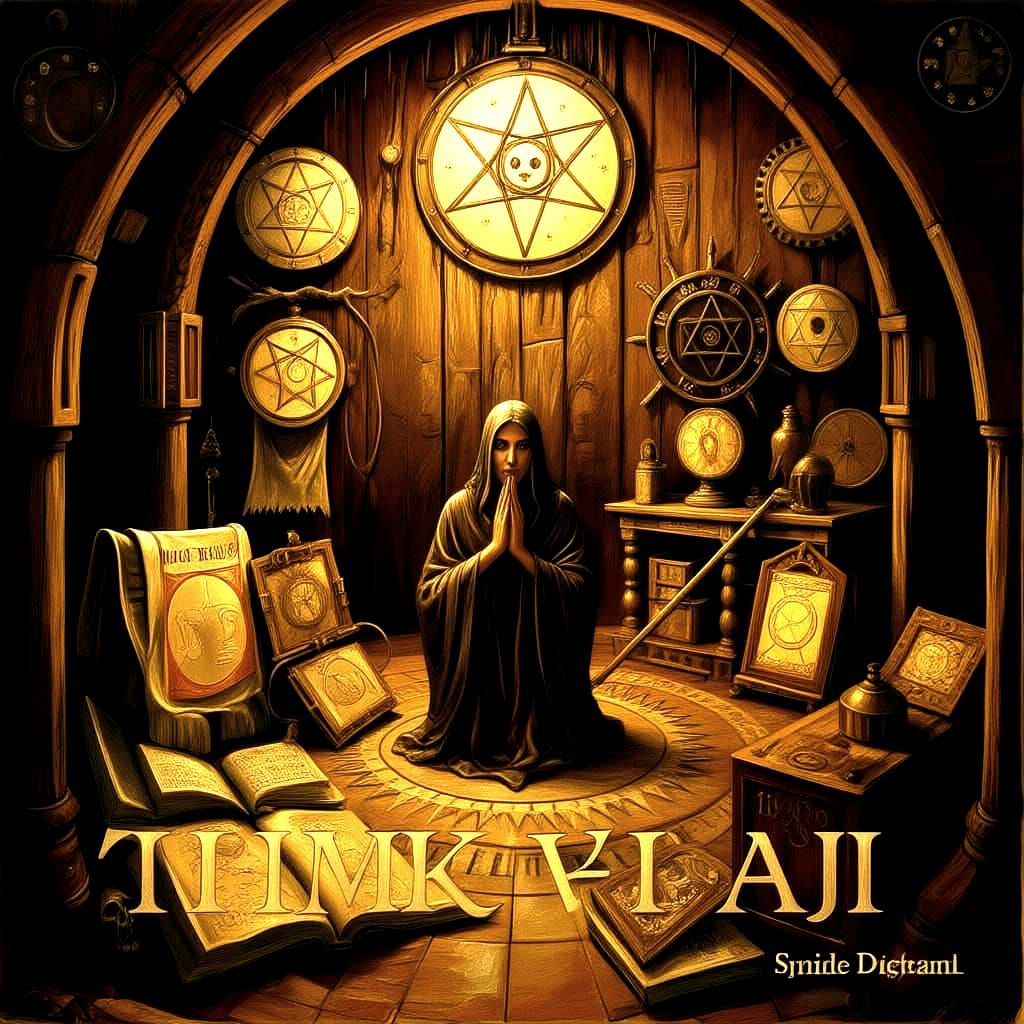 Cultist Kneeling in Dimly Lit Chamber, Lovecraftian Horror