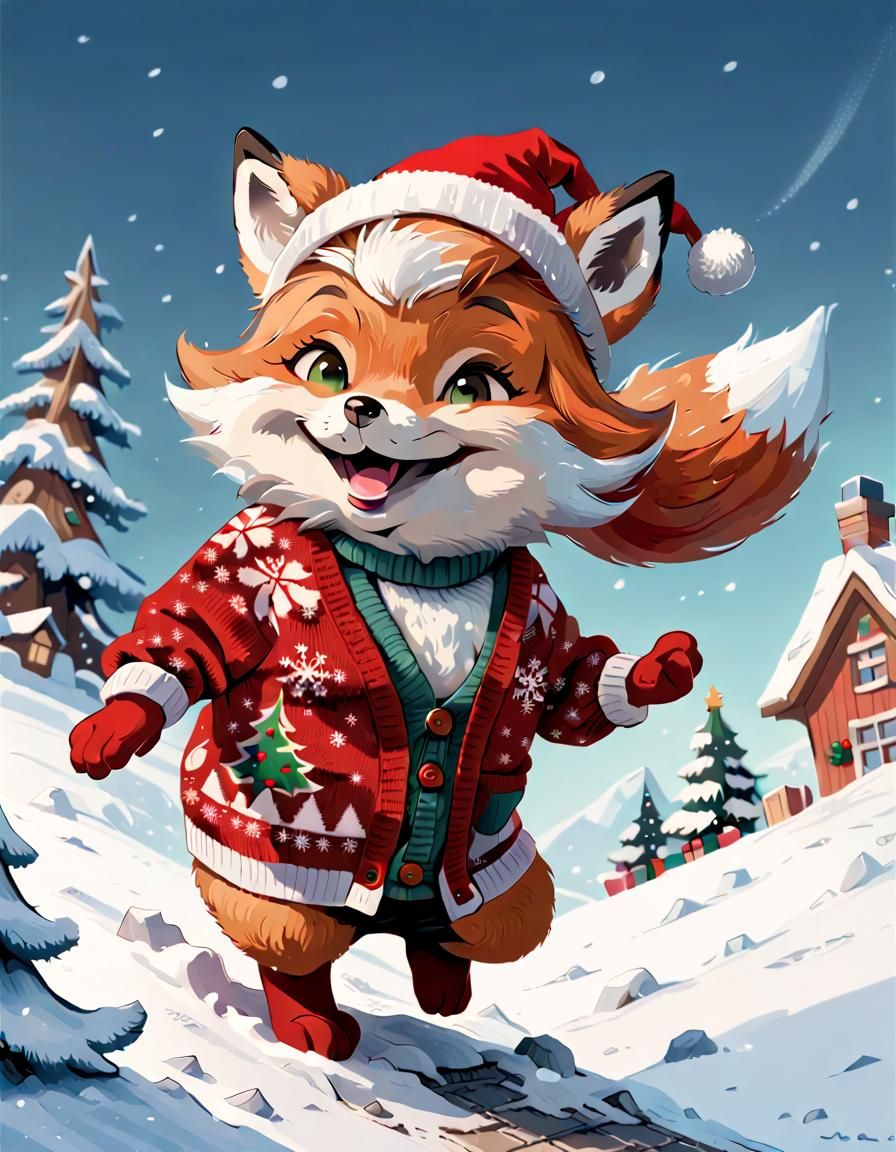 Chibi Fox's Winter Joy: A Cheerful Christmas Scene
