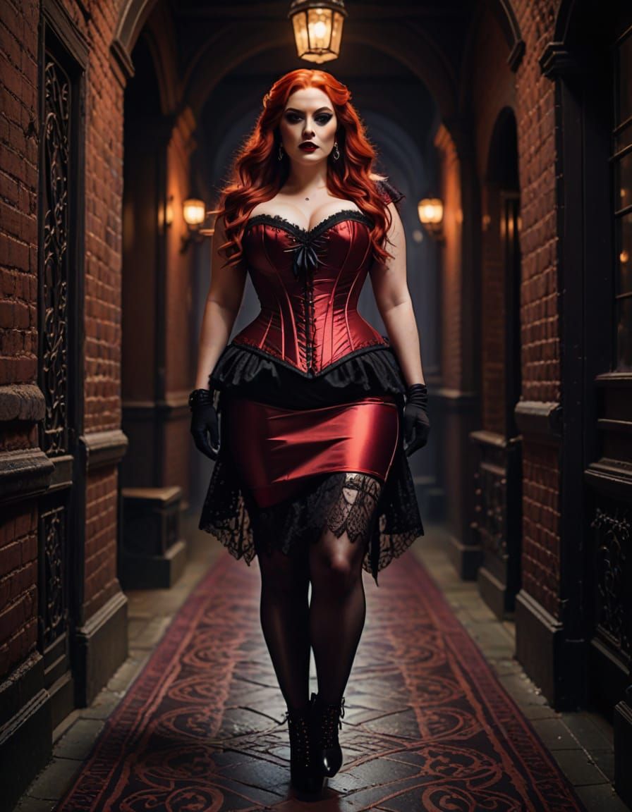 Pin-Up Style Woman in Red Corset and Skirt