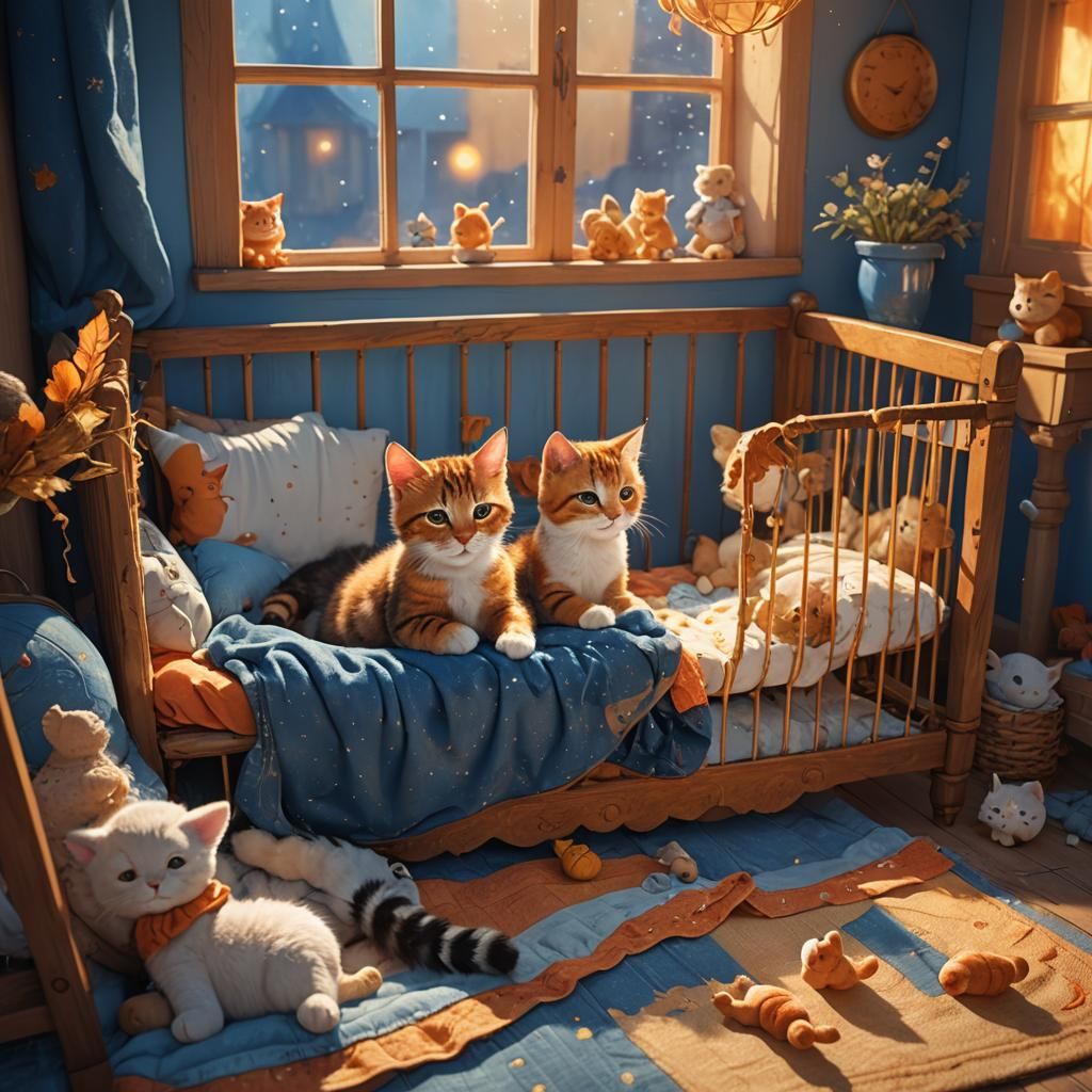 Cat and Baby in Crib: Whimsical Fantasy Art