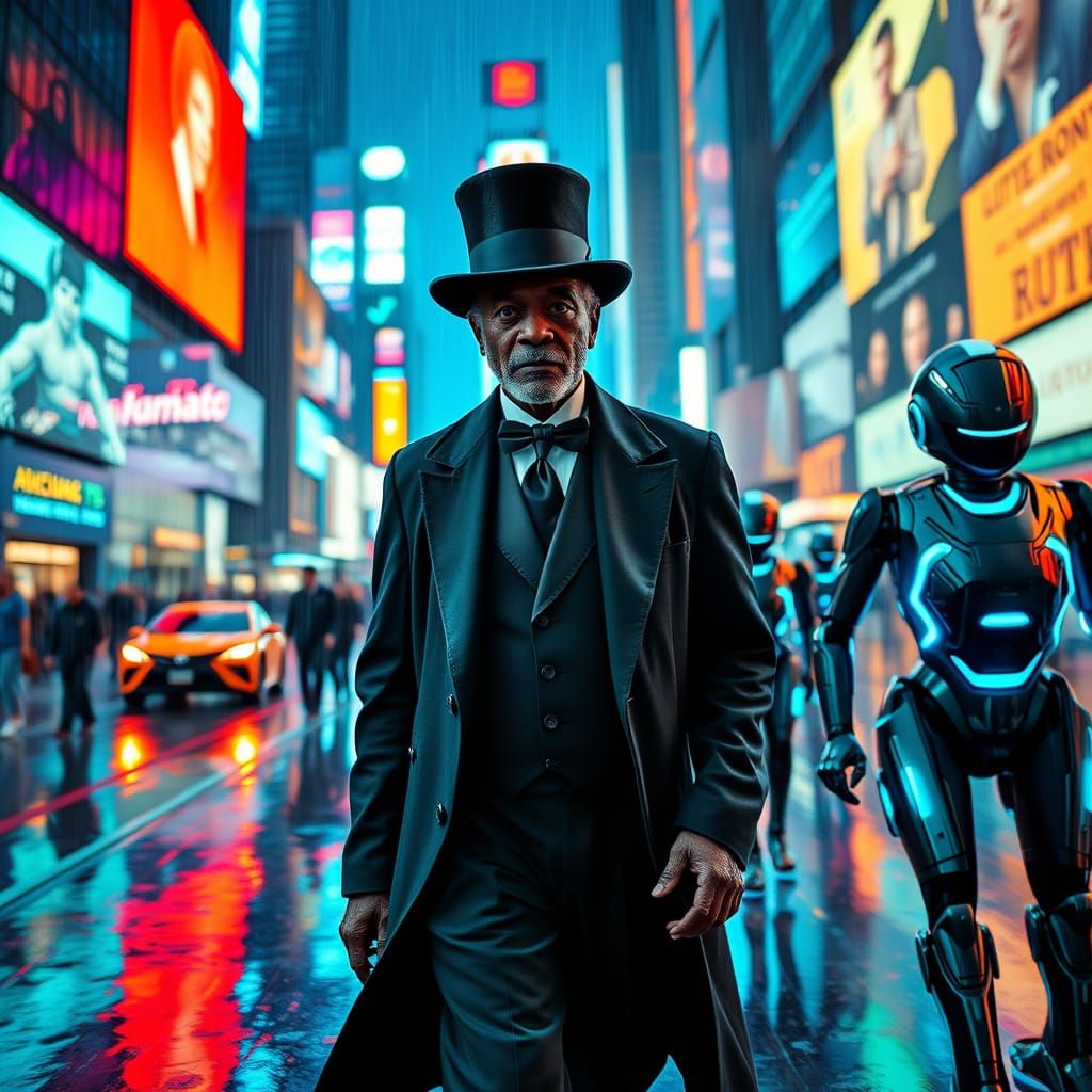 Dignified Gentleman Navigates Futuristic Times Square