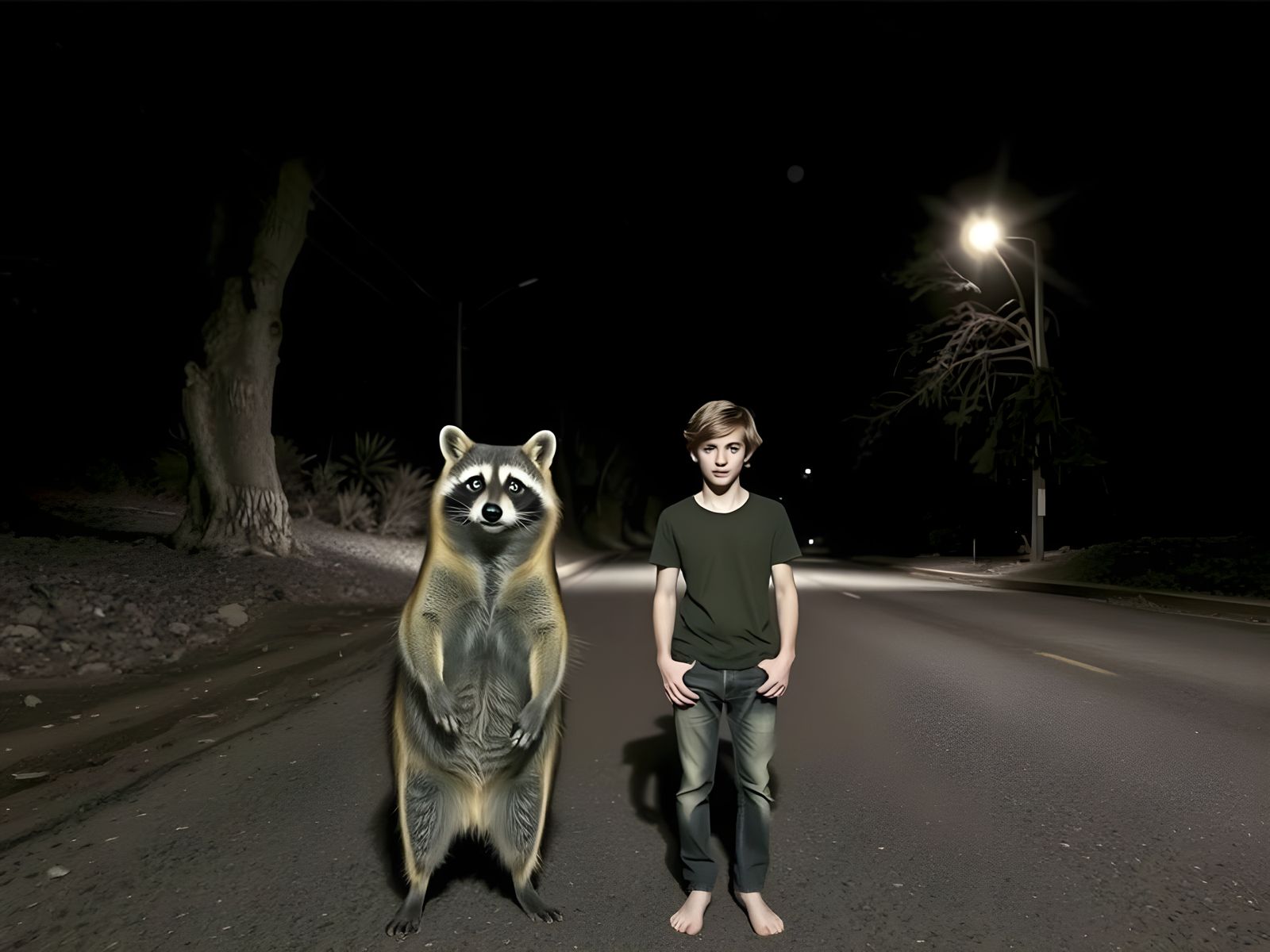 Night Encounter: Man and Raccoon in Grayscale