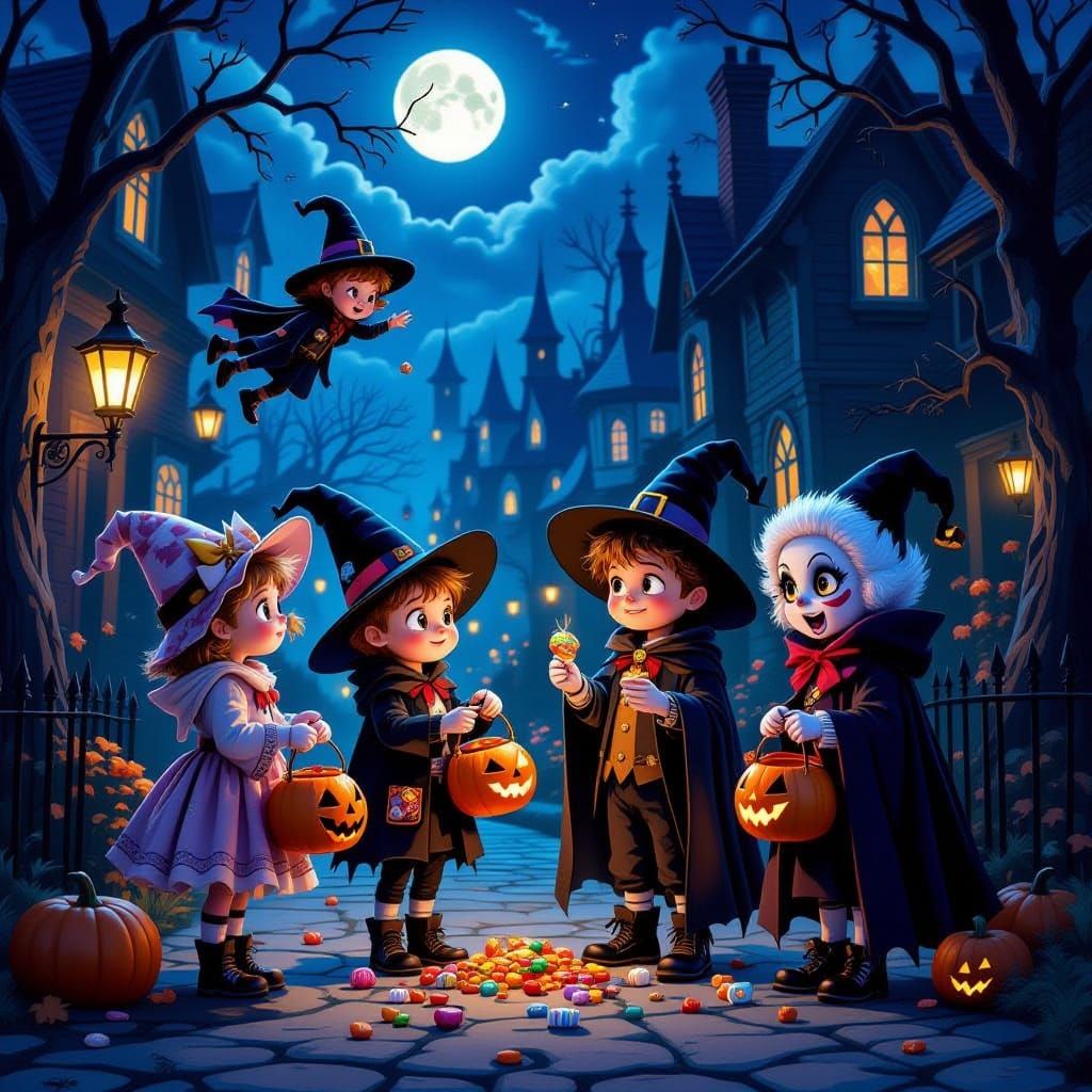 Whimsical Reverse Trick-or-Treat Scene in Gothic Neighborhoo...