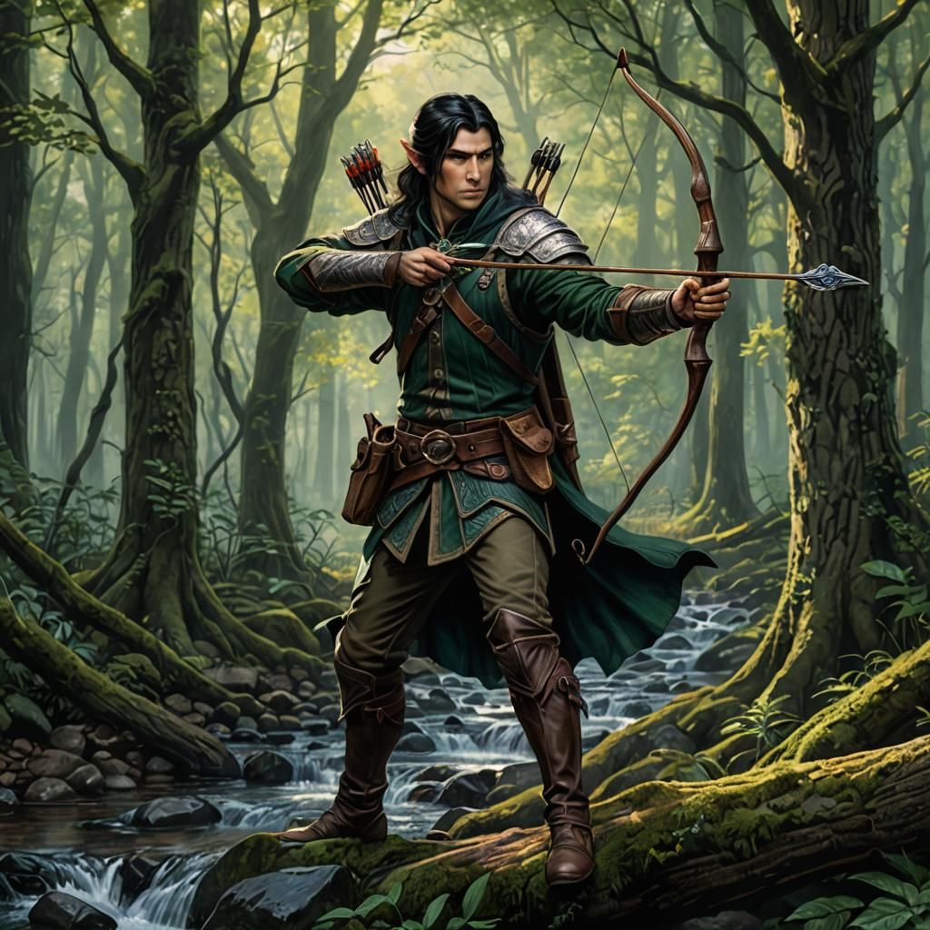 Half-Elf Ranger Targets Practice in Forest, Detailed Drawing