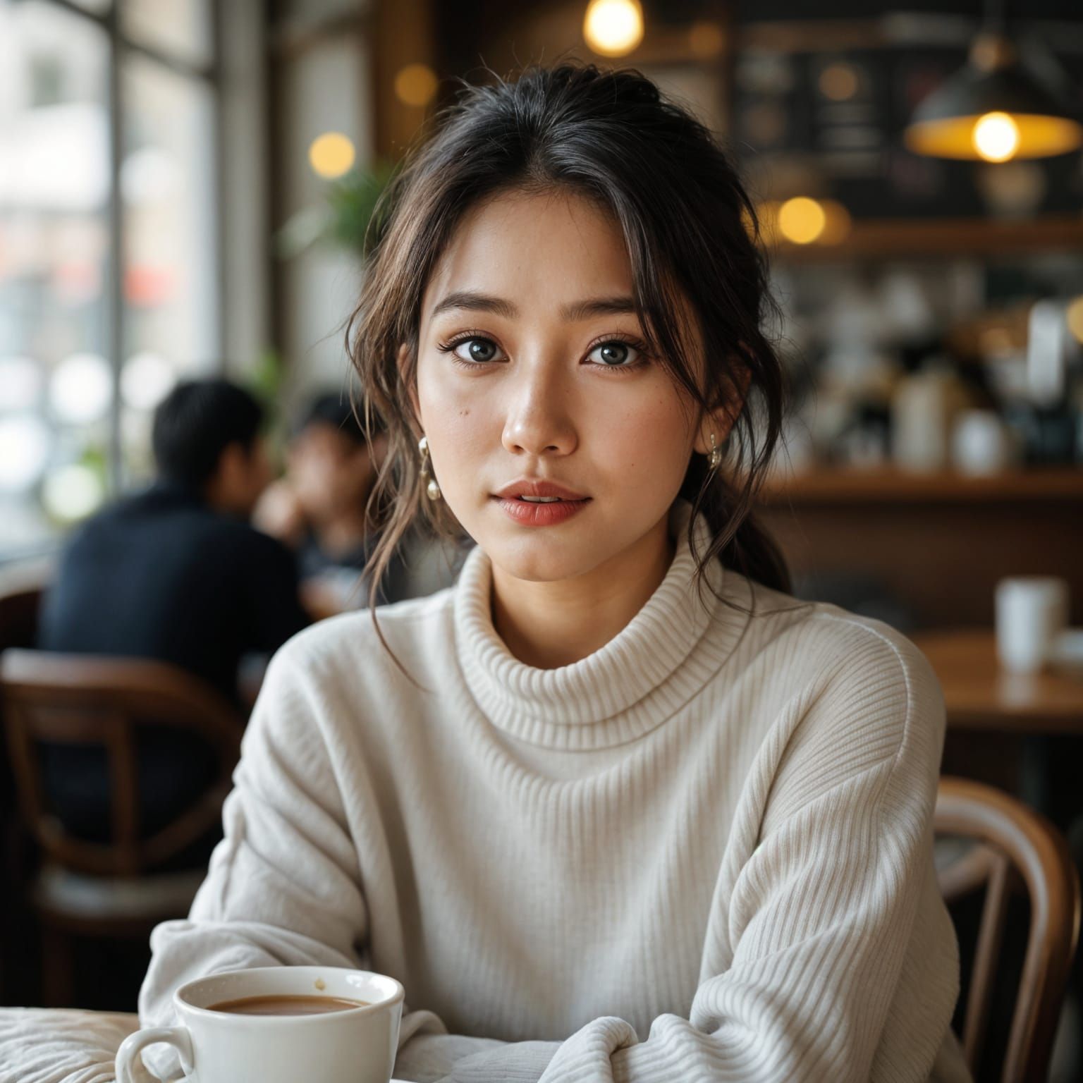 Solitary Woman in Cafe, Pastel Art Style