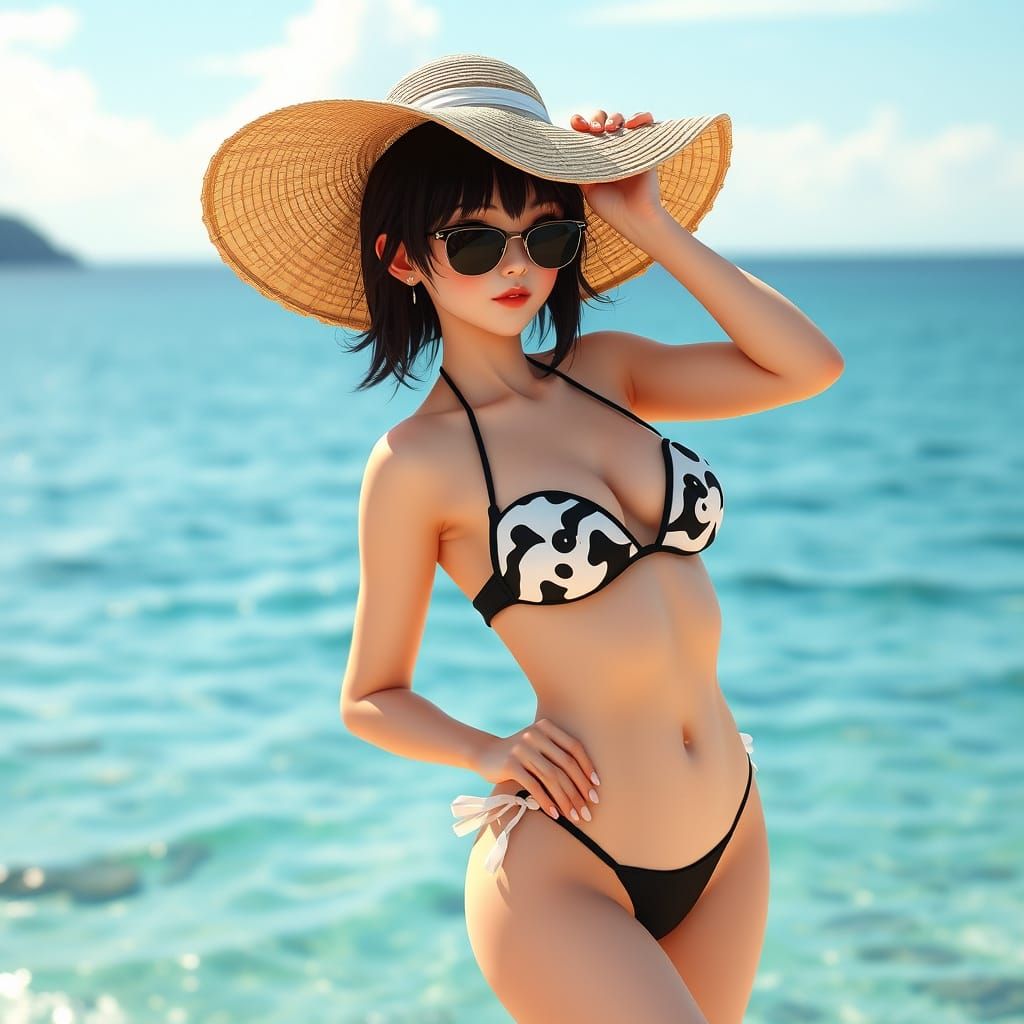 Elegant Japanese Beauty in Cyberpunk Beachwear