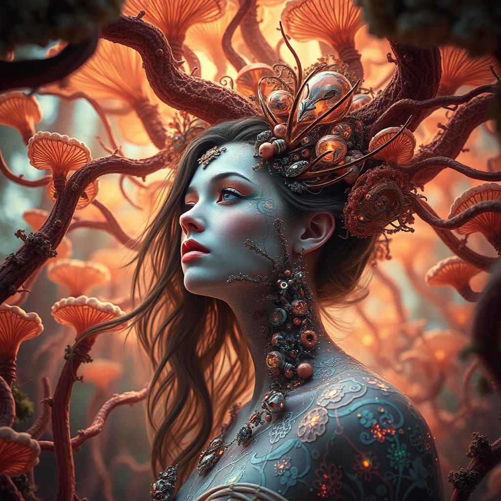 Fate Hybrid Woman in Mycelium Network, Digital Art