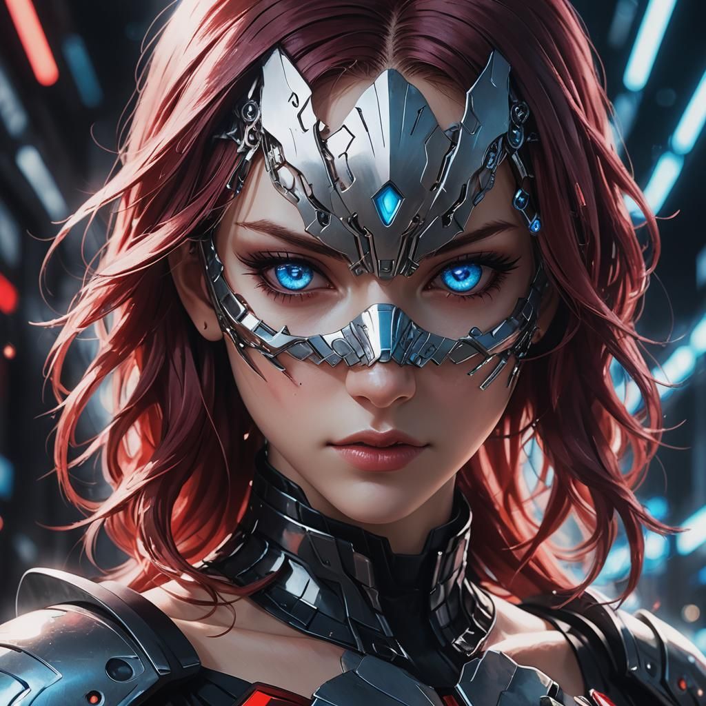 Anime Portrait: Woman in Futuristic Crimson Mask