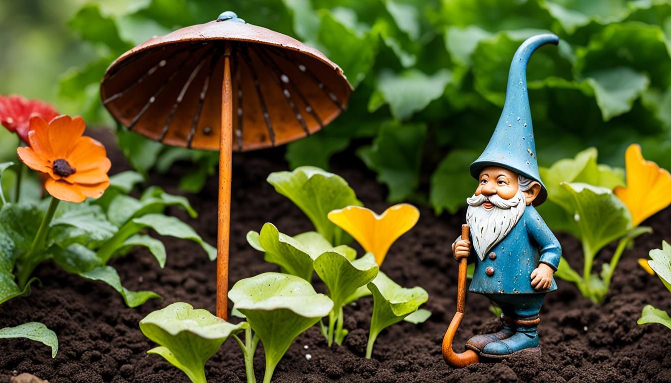 Rustic Metal Garden Gnome in Rainy Vegetable Garden