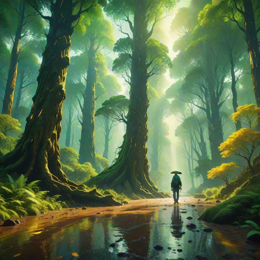 Lush Green Forest with Golden Rivers in Hyperrealistic Style