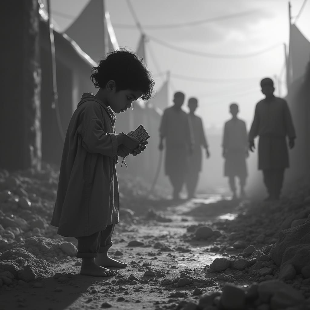 Child Mourner in Karbala: Emotional Grayscale Scene