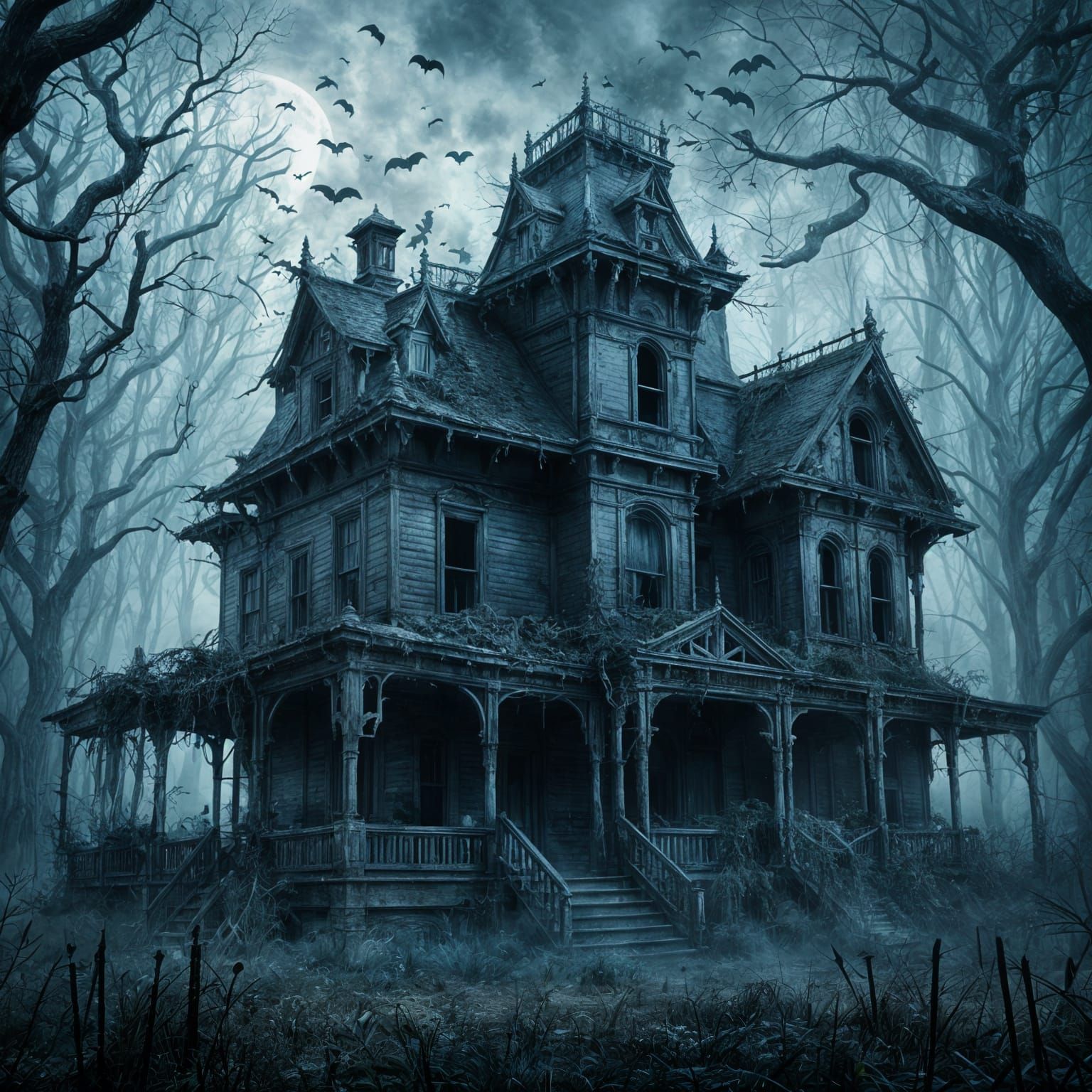 Eerie Haunted House Interior with Fog and Bats