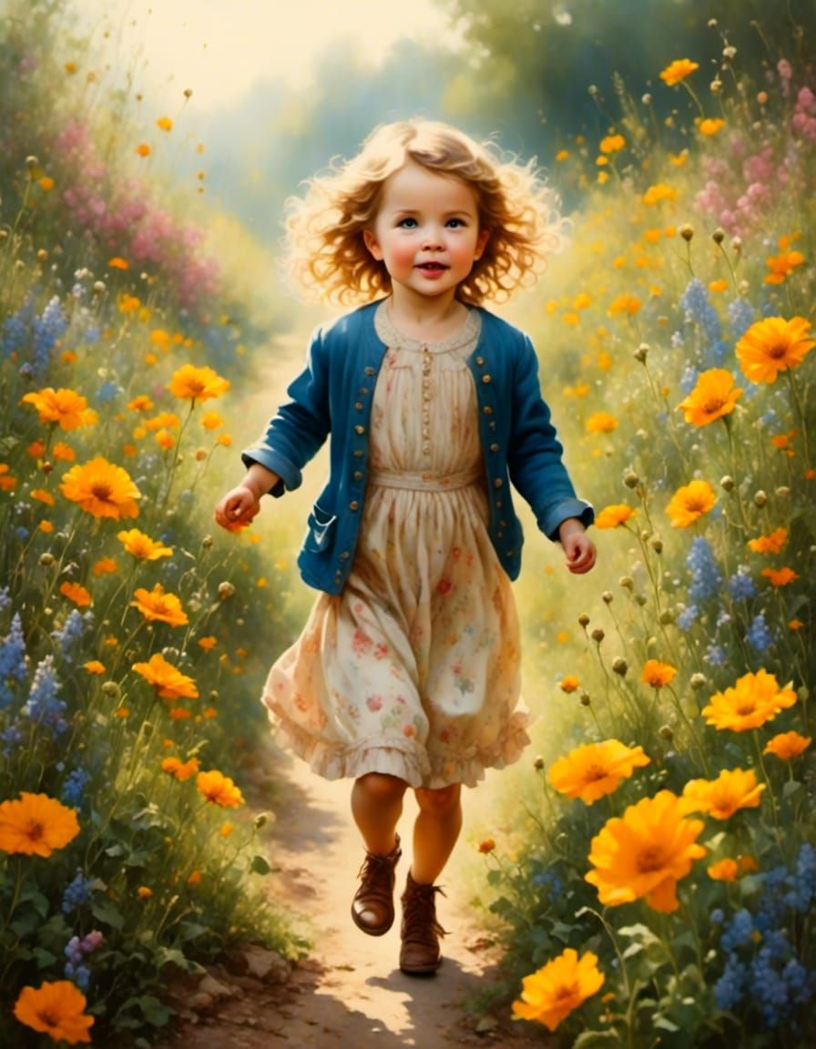 Toddler in Flowers: Gouache Watercolor Impressionist Masterp...