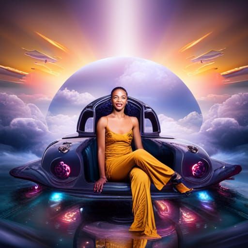 Smiling Woman in Flying Car: Fantasy Concept Art