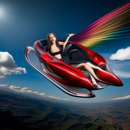Attractive Woman in Flying Car: Fantasy Art