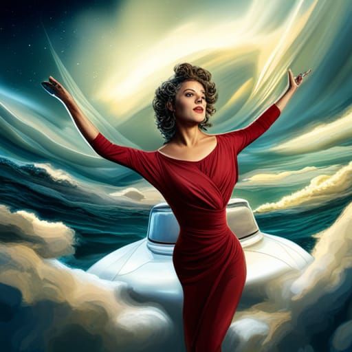 Attractive Woman in Flying Car: Detailed Fantasy Art