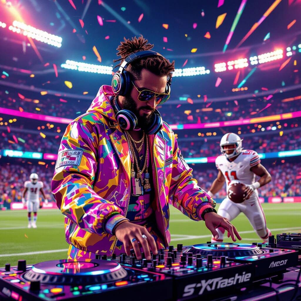 Futuristic DJ Plays Football in Neon Stadium