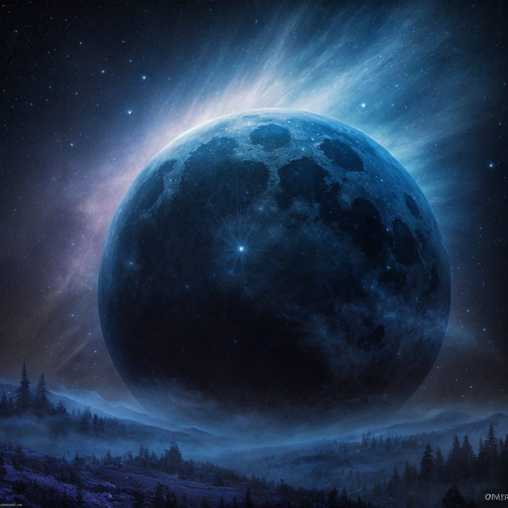 Surreal Blue Moon Radiates Ethereal Glow in a Starry Night S...