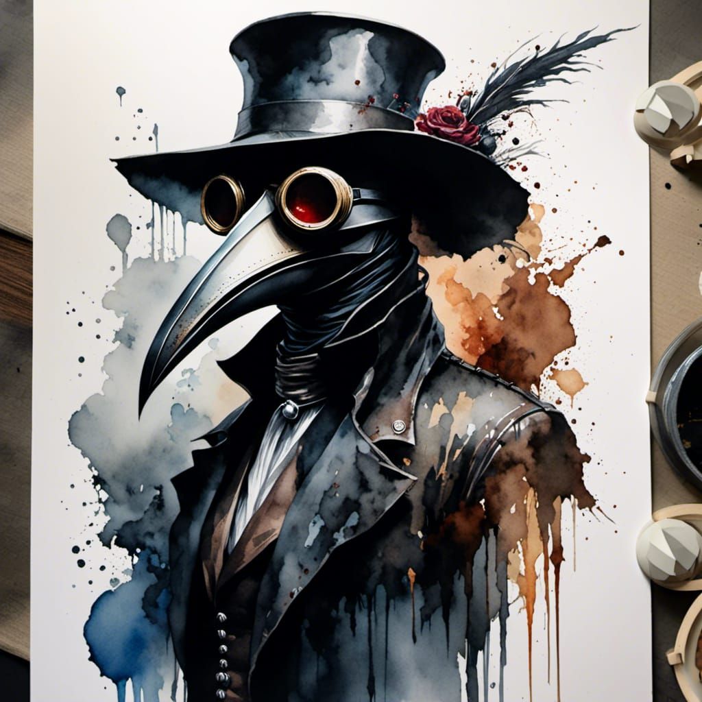 Watercolor Plague Doctor in Horror Film Style