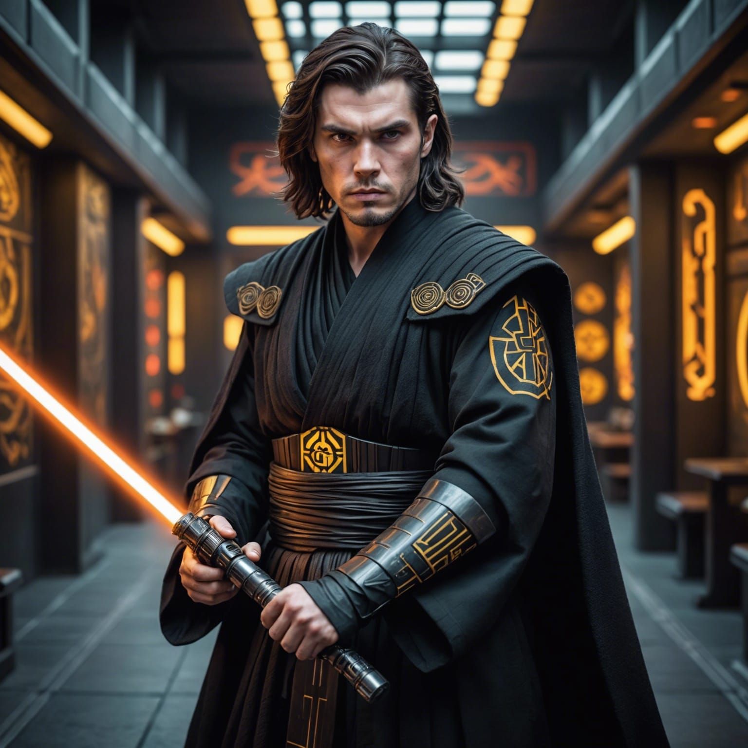 Futuristic Samurai Jedi with Yellow Lightsaber