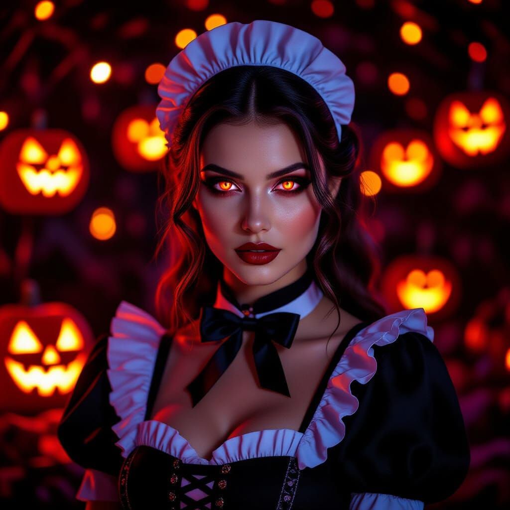 Vampire French Maid at Halloween Party with Glowing Red Eyes