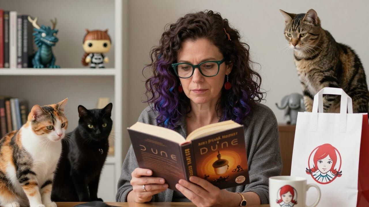 Realistic Portrait of a Sci-Fi Writer Reading Dune